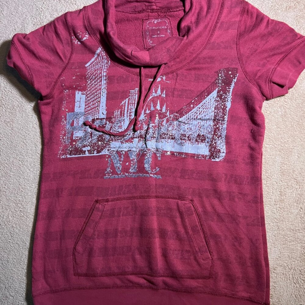 Maurice's Junior 0 Burgundy Short Sleeve Cowl Neck Rhinestone NYC City Pullover